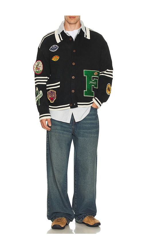  Found Varsity Patch Collared Cardigan In Black. Size S. Also In M, Xl/1x. 