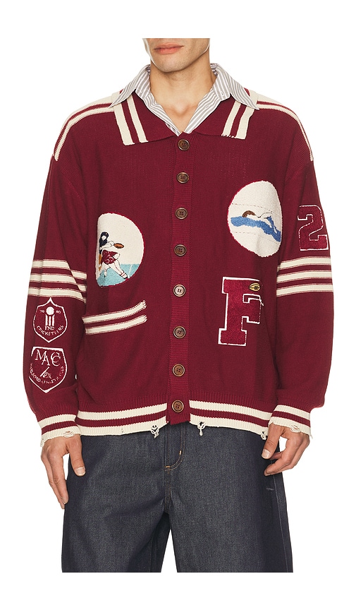 Found Varsity Patch Collared Cardigan In Red