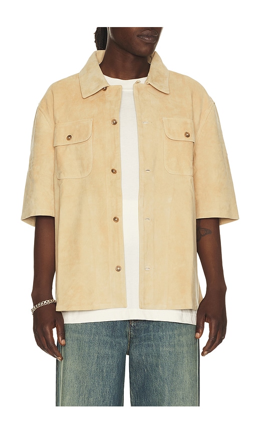 Found Suede Short Sleeve Camp Shirt in Beige. - size L (also in M, XL/1X)