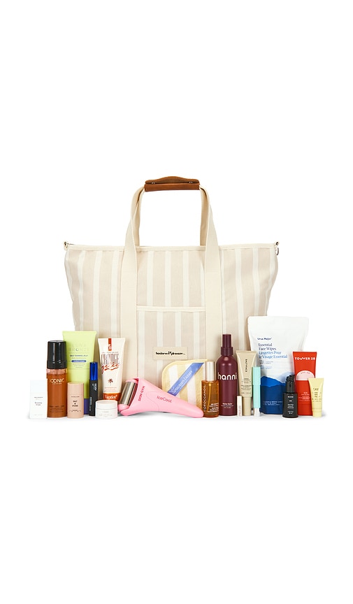 REVOLVE Beauty Summer Essentials Beauty Bag in Monaco Natural Stripe.