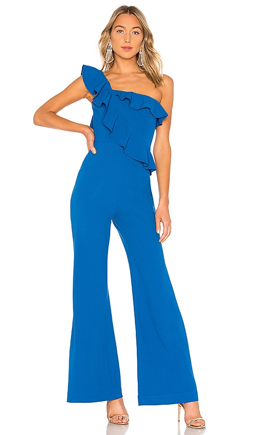 one shoulder blue jumpsuit