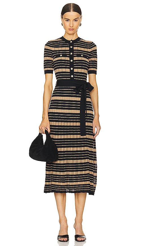 Shop Rebecca Vallance Rivoli Midi Dress In 黑色 & 棕色条纹