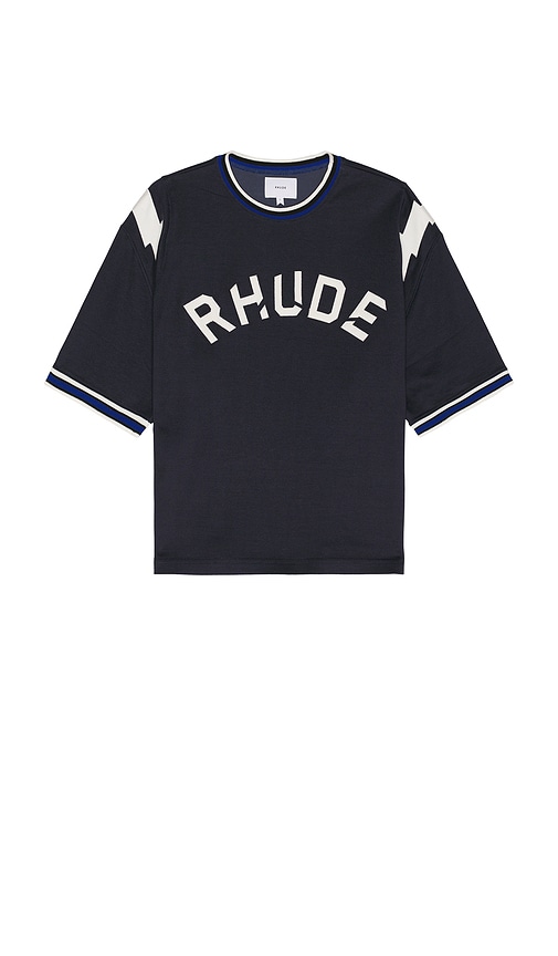 Rhude Navy Logo Lightning Ringer T-shirt In Blue