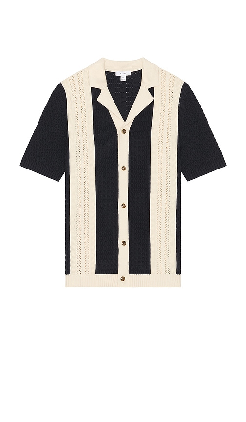 Reiss Nicoli Button Through Oversized Crochet Stripe Shirt in Navy & Stone