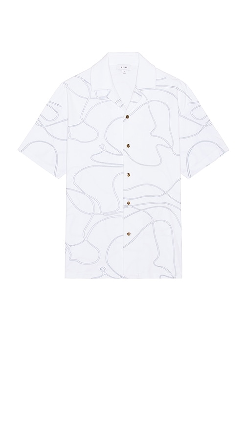 Reiss Menton Cotton Swirl Embroidered Regular Fit Button Down Camp Shirt In White & Air Force Blue