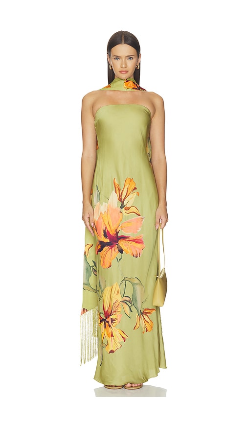 Rococo Sand Strapless Maxi Dress With Fringe Sash In Olive