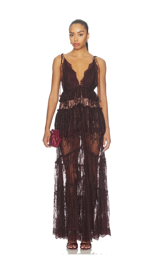 Lace Frill Maxi Dress by Rococo Sand in Brown