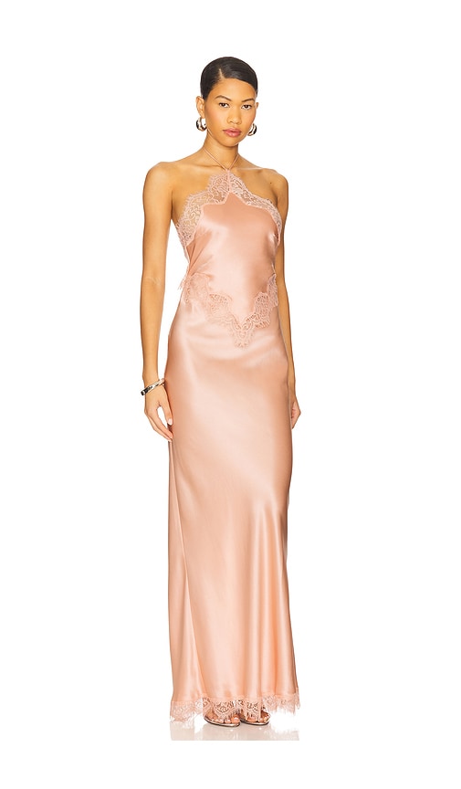 Retroféte Everly Halter Lace-trim Satin Maxi Dress In Pink