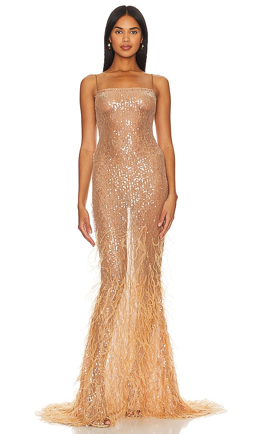 Retroféte Odessa Feather-trimmed Sequined Lace Gown In Tannin