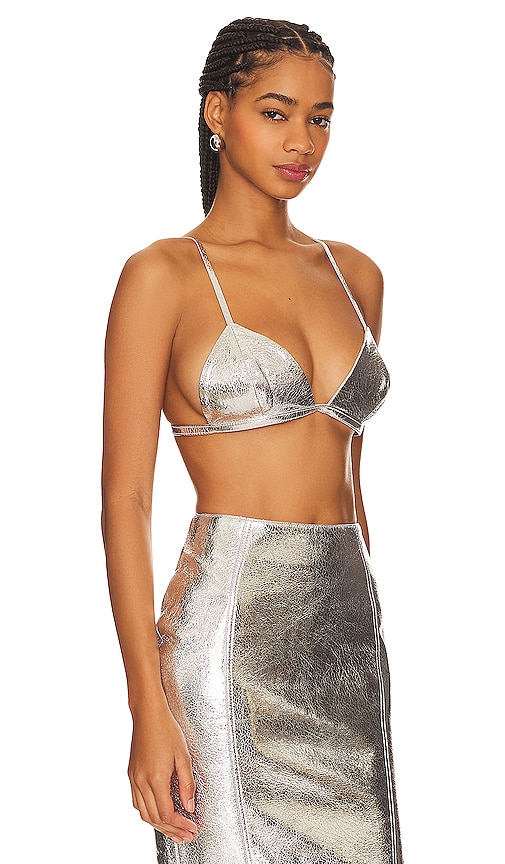 Shop Retroféte Esti Leather Bra Top In Metallic Silver