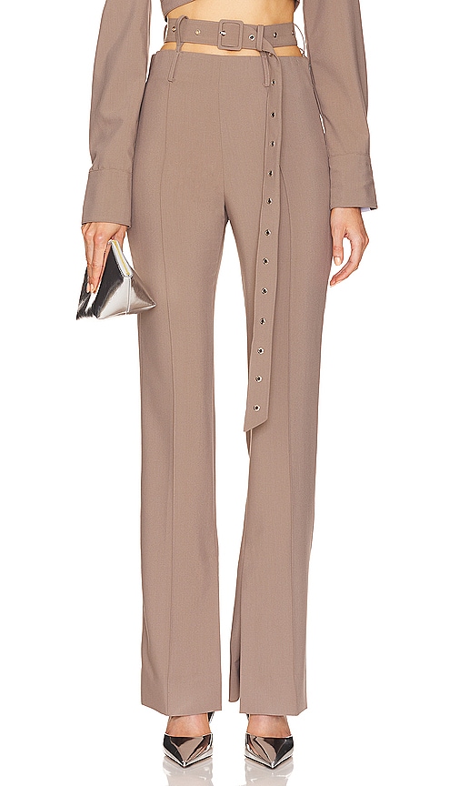 Shop Rokh Belt Detailed Flare Trouser In Taupe