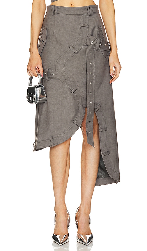 Shop Rokh Asymmetric Belted Skirt In 灰褐色
