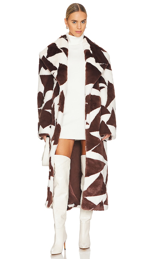 Ronny Kobo Ilia Faux Fur Coat in Ivory & Brown Triangle Diamond Print