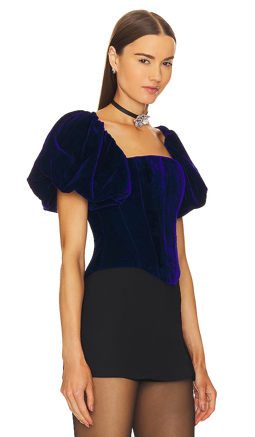 Shop Rozie Corsets Velvet Puff Sleeve Corset Top In Blue
