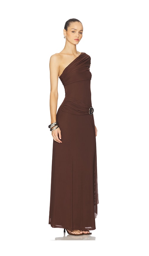 Runaway The Label Kassi Draped One Shoulder Midi Dress In Brown