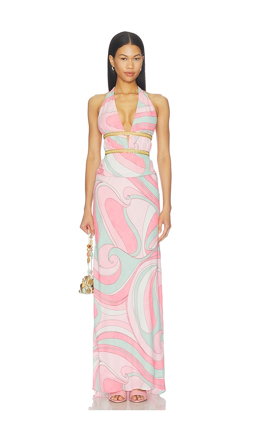 Runaway The Label Xylia Halter Low Plunge Maxi Dress en Multi. Taille XS. Also en S, M, L, XL.