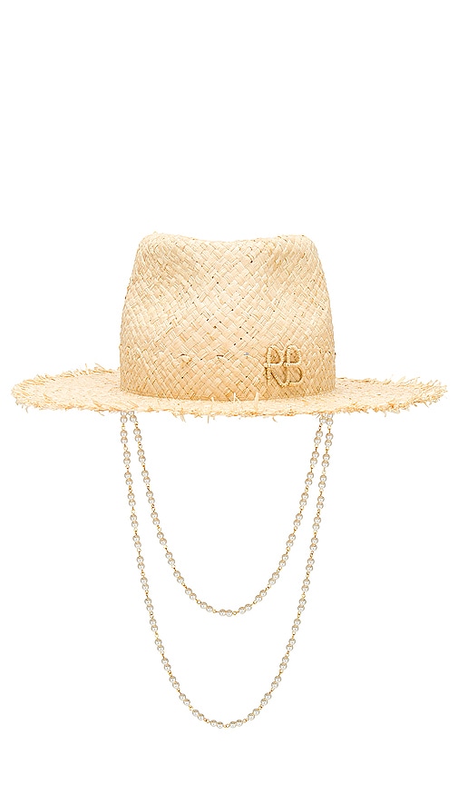 Shop Ruslan Baginskiy Pearl Chain Frayed Brim Fedora Hat In 自然稻草色