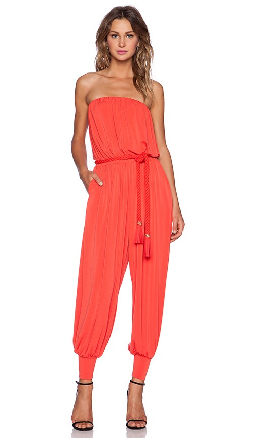 orange strapless jumpsuit