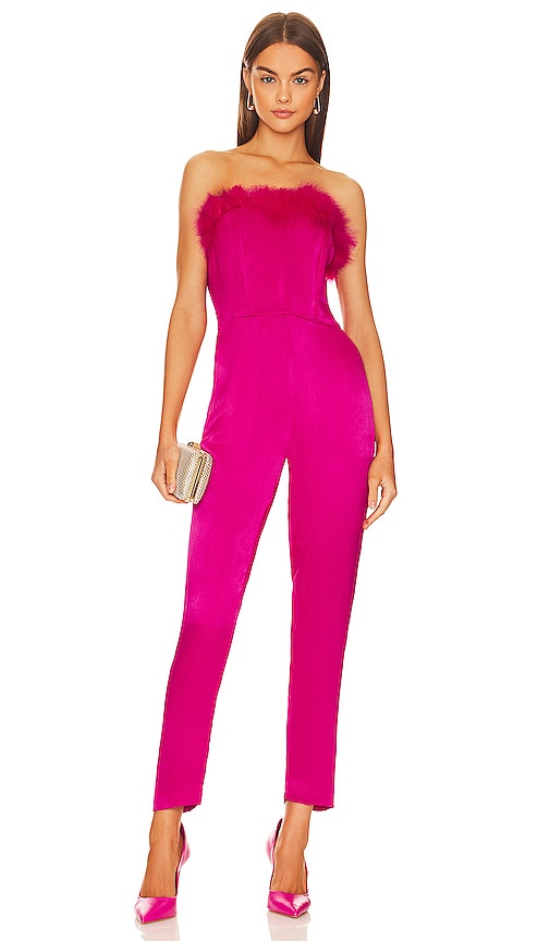 Saylor Raya Faux Feather Strapless Jumpsuit In Pink