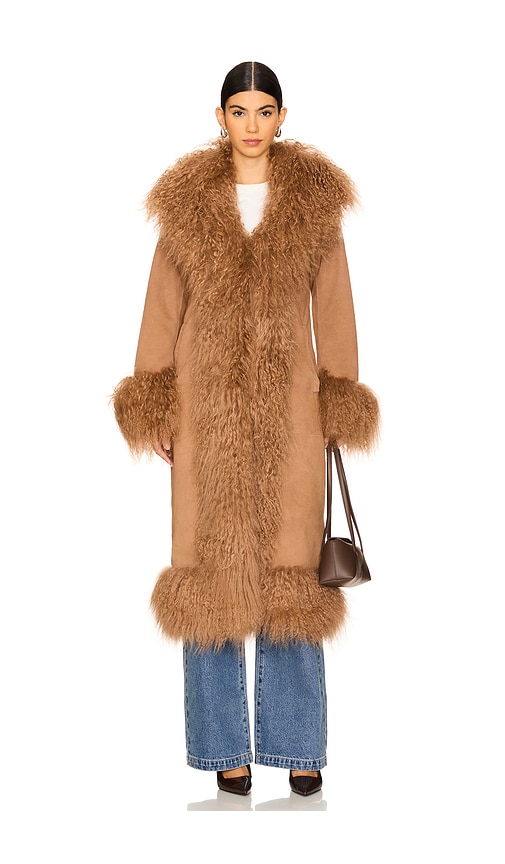 Shop Susanna Chow Dorothy Suede Maxi Coat With Fur Trim In Tan