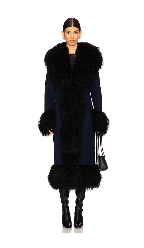 Susanna Chow Dorothy Suede Maxi Coat With Fur Trim In Navy