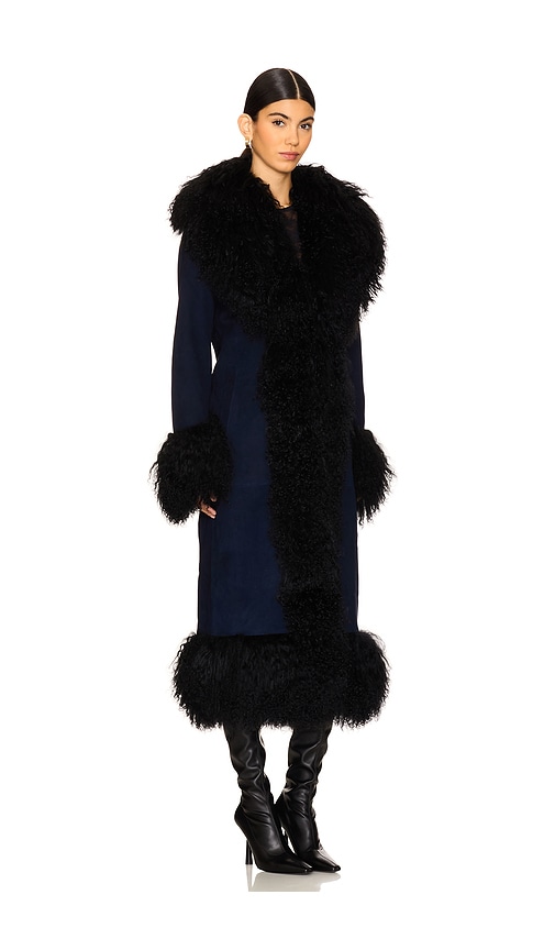 Susanna Chow Langer Mantel Mit Pelzdetails Dorothy In Navy. Größe M. Also In S, L. 