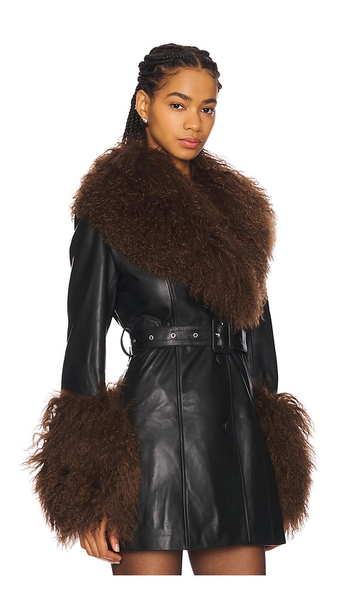 Susanna Chow Mimi Leather Coat With Fur Trim In Black & Brown