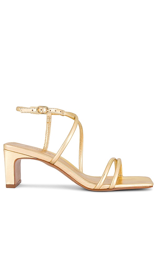 ASOS DESIGN Hitched bow detail mid block heeled sandals in gold | ASOS