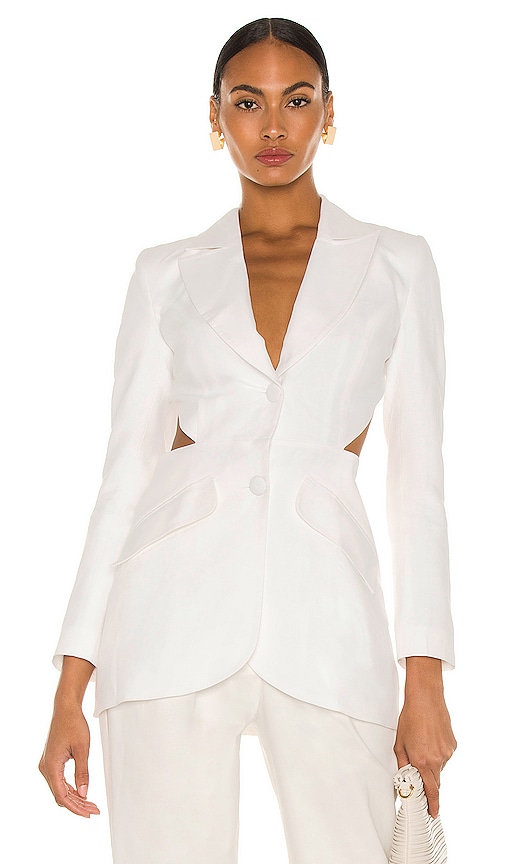 SELMACILEK Waist Low-Cut Linen Jacket in White | REVOLVE