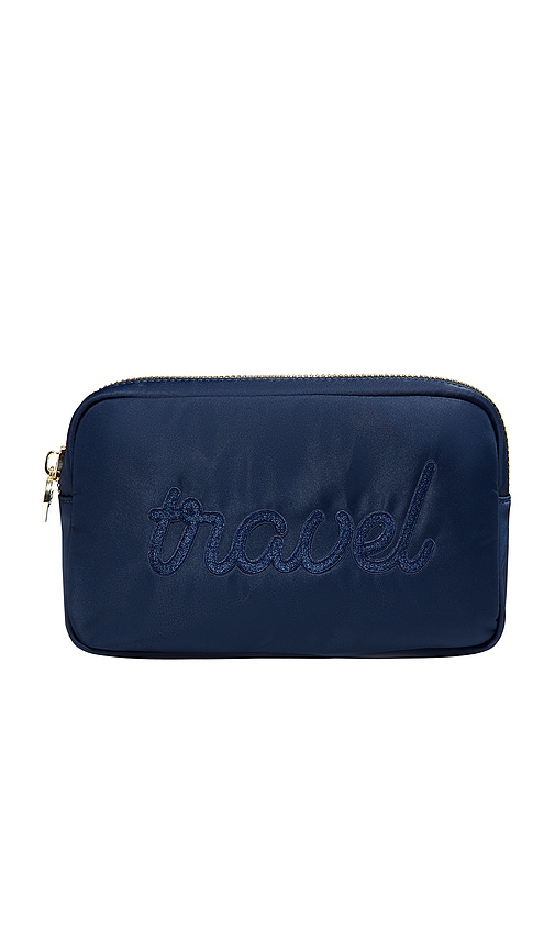 "travel" Embroidered Small Pouch in Sapphire