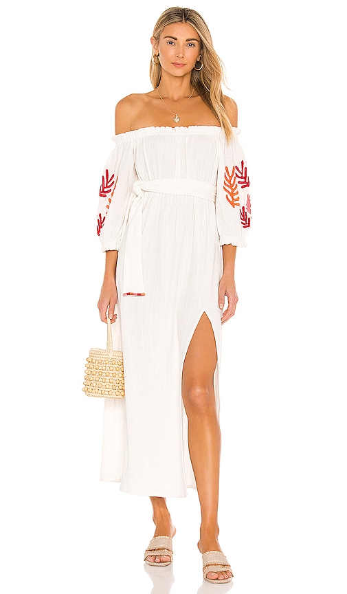 Sundress Poly Dress in Tulum White & Mix Red Embroideries