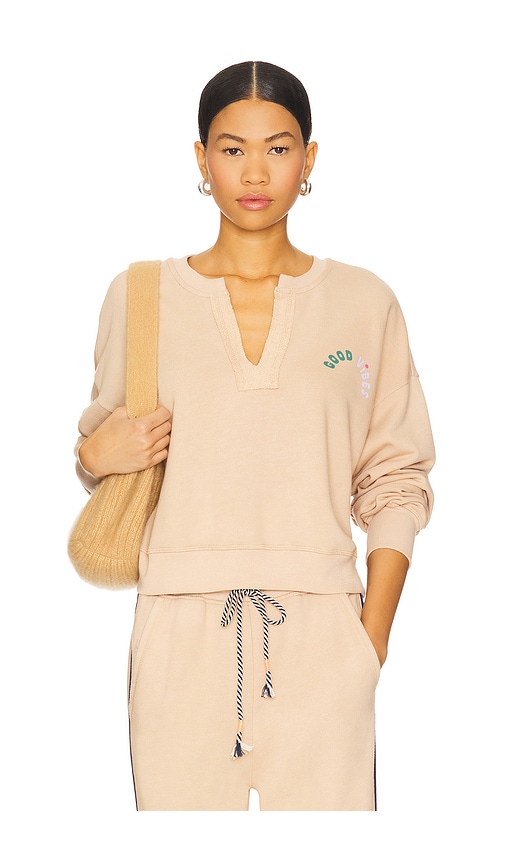 Good Vibes Split Neck Sweatshirt in Tan. - size S (also in M, XS)