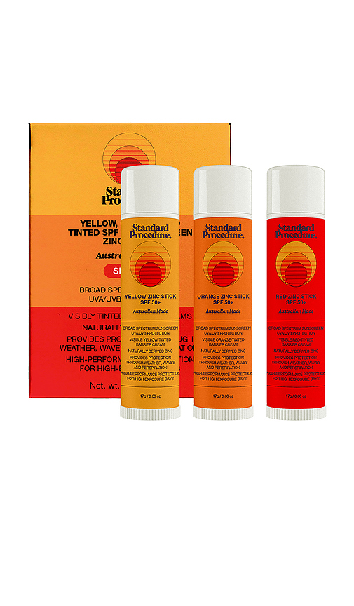 Standard Procedure Zinc Sticks SPF 50 in Yellow, Orange, & Red.