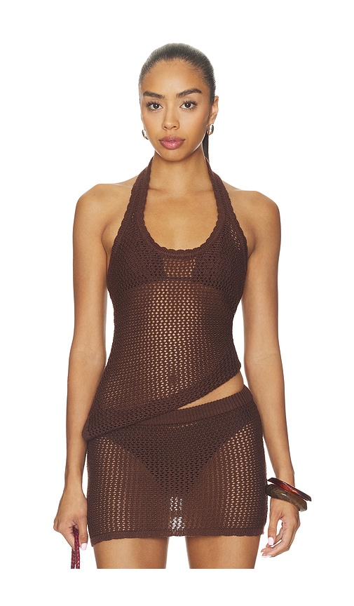 SNDYS Casey Crochet Halter Top en Brown. Taille XS. Also en XXS, S, M, L, XL.