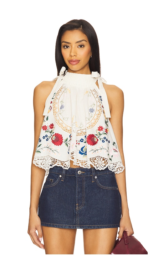 Celia Embroidery Halter Top in Ivory. - size XL (also in L, M, S)