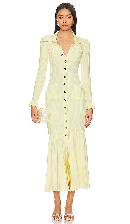 Self-portrait Button-embellished Ribbed-knit Midi Dress In Yellow