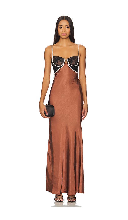 self-portrait Satin Diamante Maxi Dress in Brown