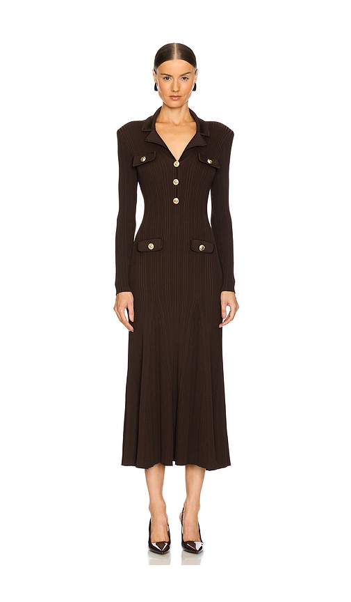 Shop Self-portrait Viscose Rib Knit Midi Dress In Brown