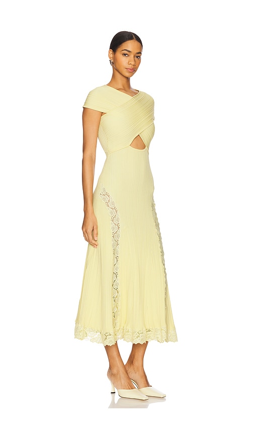 Self-portrait Knit Lace Insert Midi Dress Yellow In Yellow