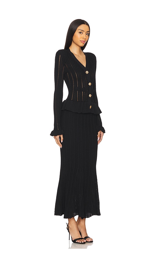 Self-portrait V-neck Peplum Dress Ribbed Texture In Black