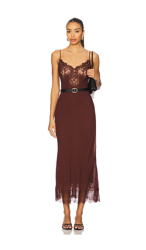 self-portrait Lace Insert Midi Dress in Brown | REVOLVE