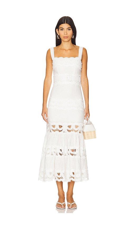 self-portrait Linen Lace Insert Midi Dress in White | REVOLVE