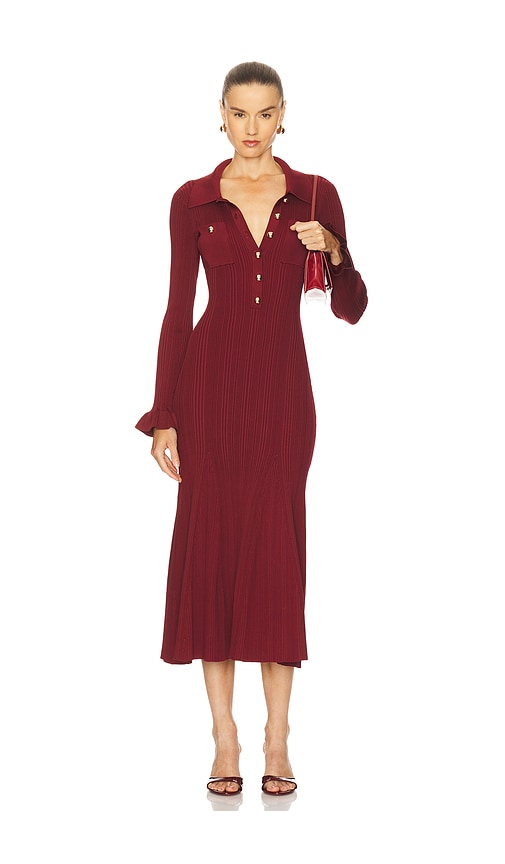 Self-portrait Fitted Ribbed Maxi Dress With Classic Collar In Brown