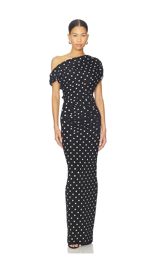 Self-portrait Polka Dot Draped Knit Midi Dress In Black