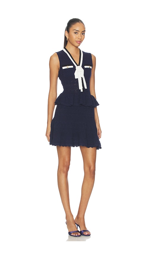  Self-portrait Minivestido Navy Peplum Pointelle Knit En Color Azul Marino Talla L  (también En M, S, Xs). 