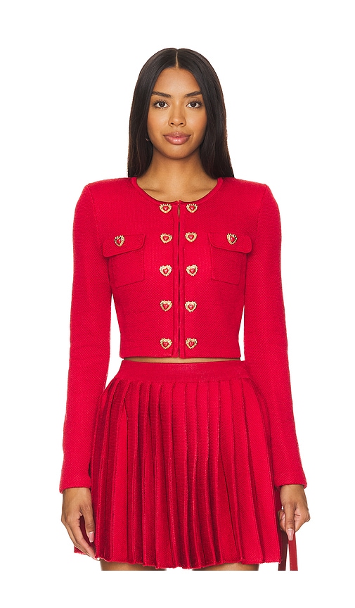 Shop Self-portrait Knit Heart Buttoned Cardigan In Red