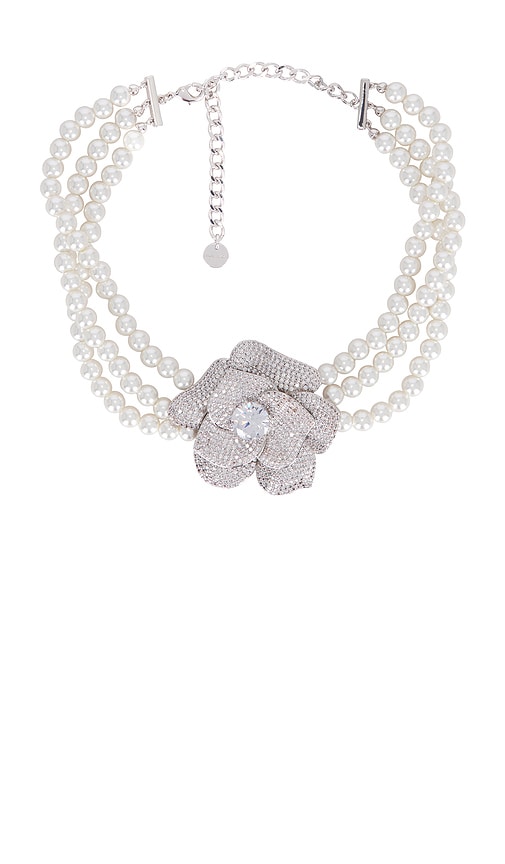 self-portrait Crystal Flower Pearl Choker in Silver