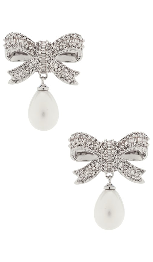 self-portrait Crystal Bow Pearl Droplet Earrings