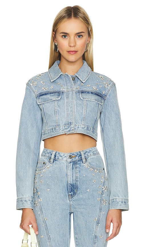 self-portrait Crystal Embellished Denim Jacket in Light Blue