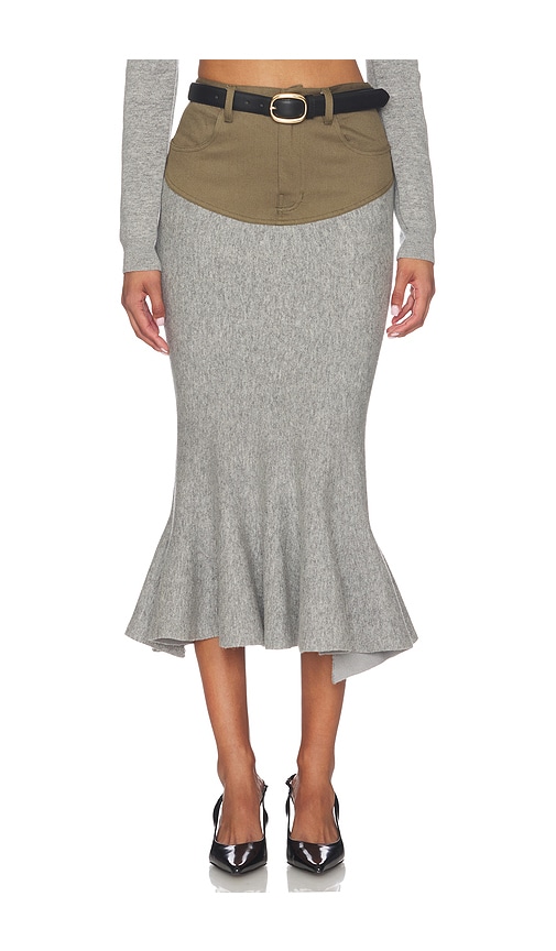 Grey Knit Khaki Denim Insert Midi Skirt